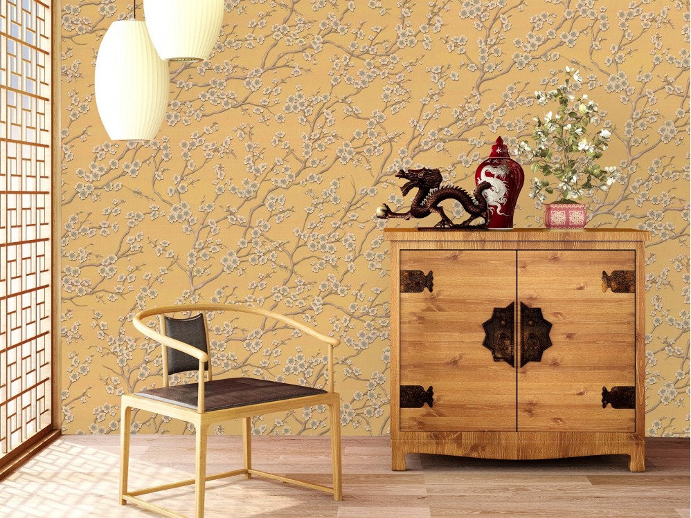 Обои бежевые с розовыми цветами вишни Артекс винил Вишня арт. 10316-02