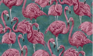 Обои зеленые с изображением розовых фламинго SIRPI винил Фламинго арт. 10364-04 Обои виниловые зе